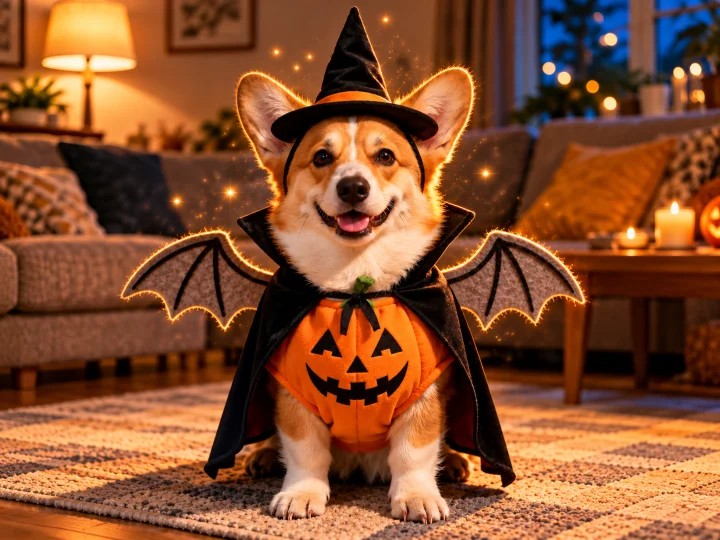 Cute corgi in a complete Halloween costume in a warmly lit living room