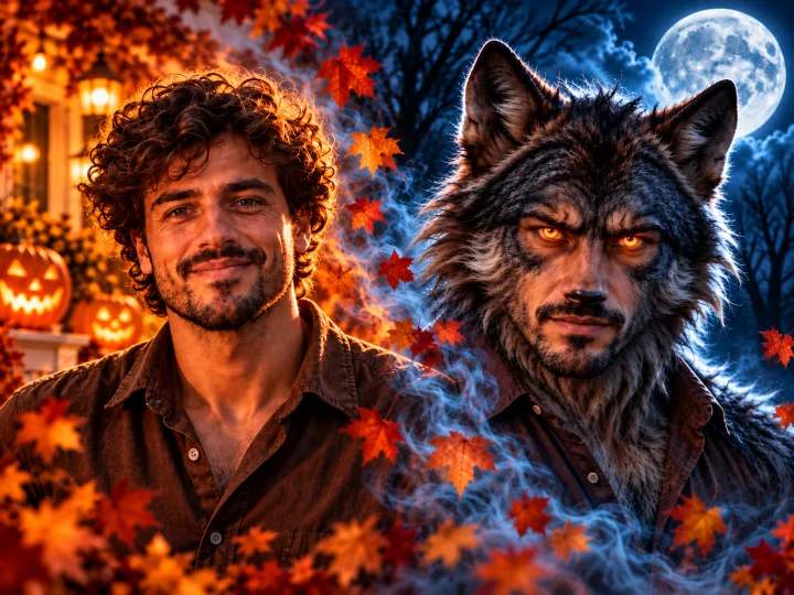 Man and his werewolf transformation beneath a full moon