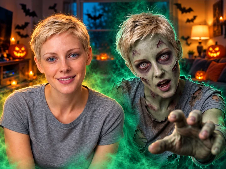 Portrait and zombie transformation shown together in a Halloween cover