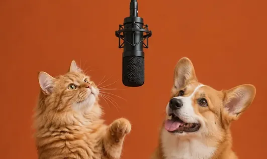 Cat and corgi at a hanging microphone in an orange studio