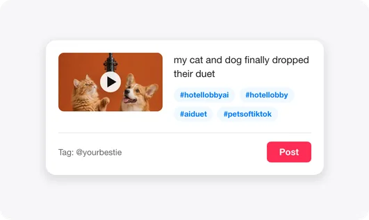 Hotel Lobby AI pet video with trend hashtags