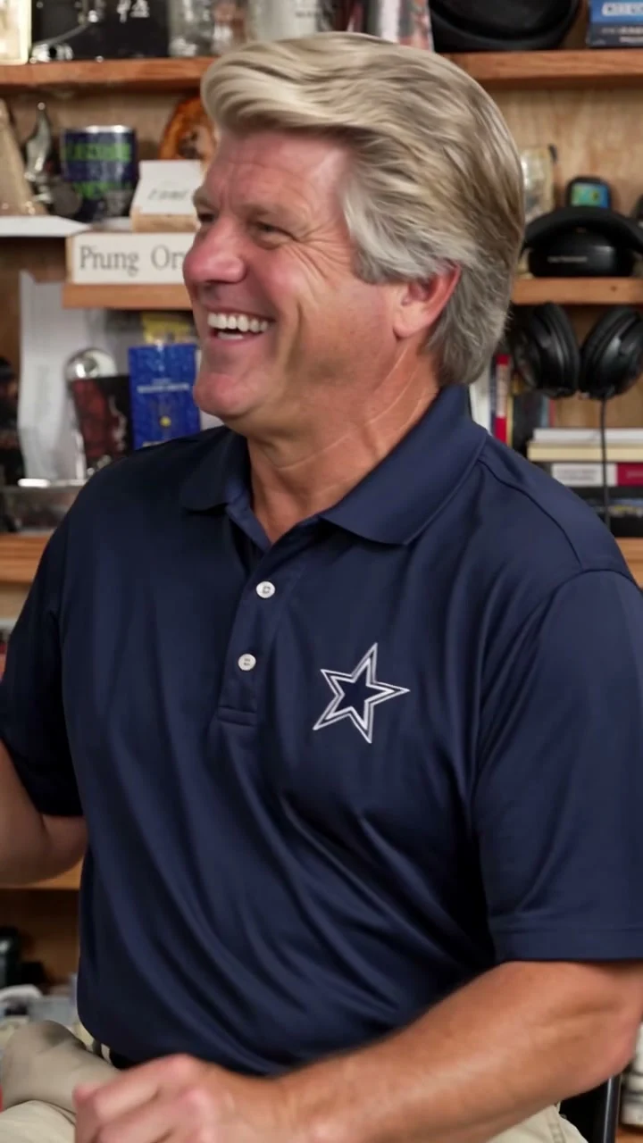 AI-generated Tiny Desk-style video frame of Jimmy Johnson as the lead singer
