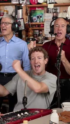 AI-generated Tiny Desk-style video frame of the Tech leaders at the keyboard and backing vocals