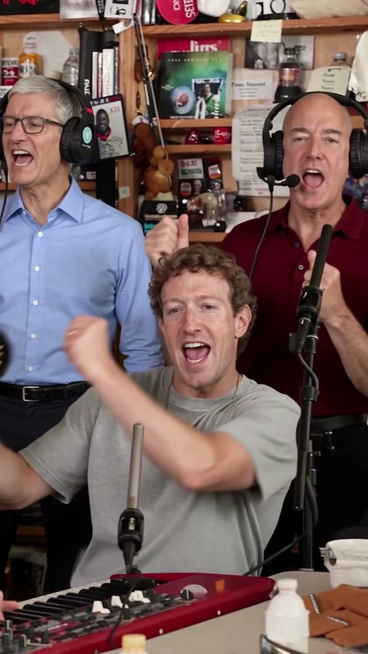 AI-generated Tiny Desk-style video frame of the Tech leaders at the keyboard and backing vocals