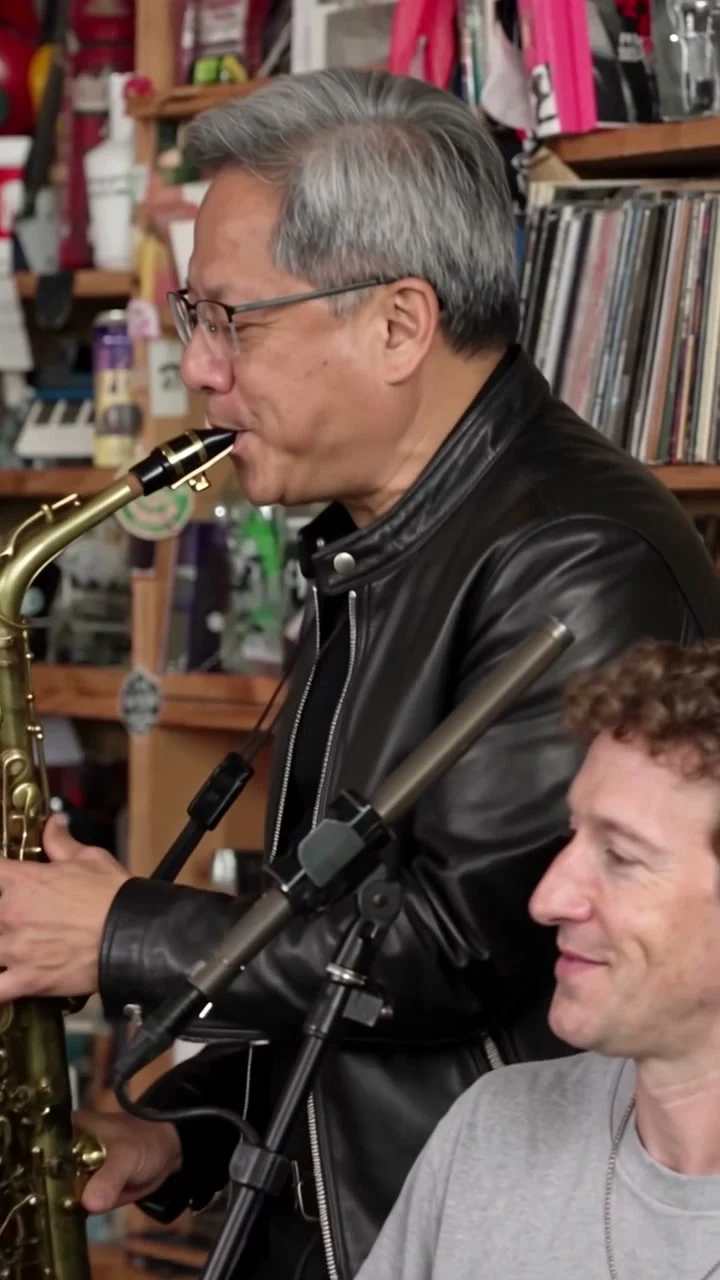 AI-generated Tiny Desk-style video frame of Jensen Huang playing saxophone