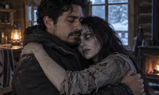 A survivor hugging his zombie partner in an AI zombie couple video