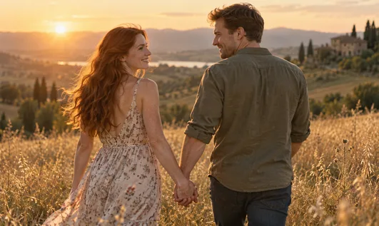 A couple walking hand in hand through a golden field in an AI zombie couple video