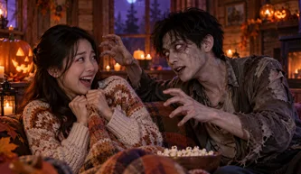 A playful Halloween scene with jack-o'-lanterns and a zombie partner in an AI zombie couple video