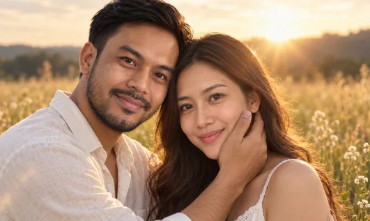 The same couple smiling in a golden-hour meadow