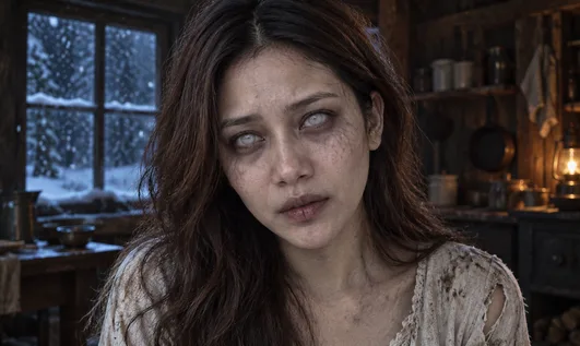Close-up of a zombie partner with pale eyes in a dark cabin