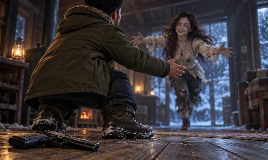 A weapon dropped on the cabin floor as the zombie partner runs forward