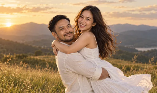 The couple spinning together in a sunlit meadow