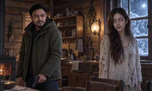 A survivor facing his infected partner in a dark cabin kitchen