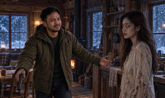 A survivor lowering his weapon in front of his zombie partner in a snowy cabin